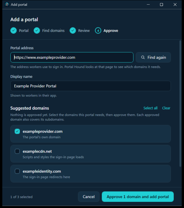 Add a portal dialog with suggested domains to review and approve