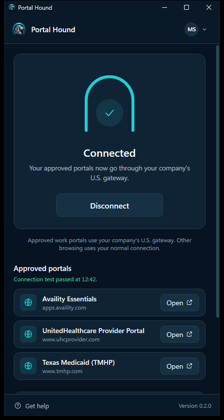 Portal Hound worker app showing Connected and a list of approved portals